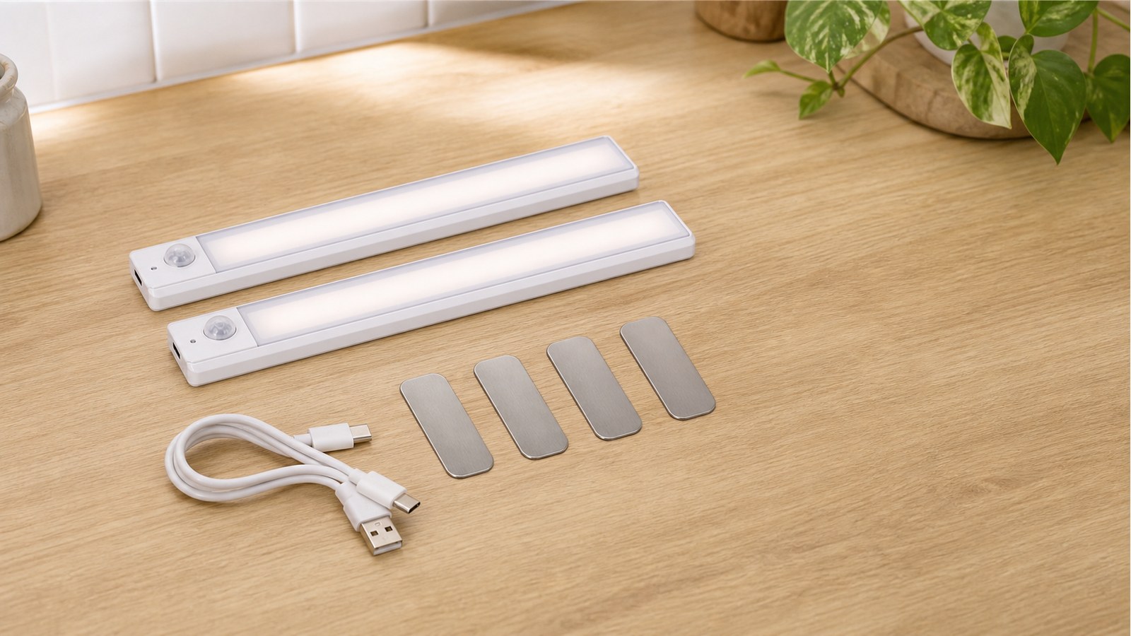 Rechargeable motion LED bar kit with adhesive metal plates and charging cable