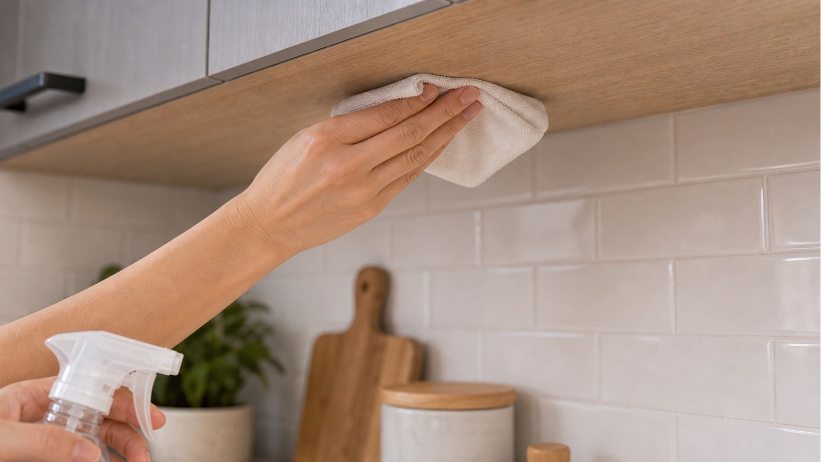 Cleaning the underside of a kitchen cabinet before sticking LED light plates