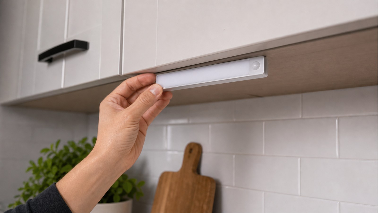 Testing rechargeable LED bar placement near the front edge of an upper kitchen cabinet