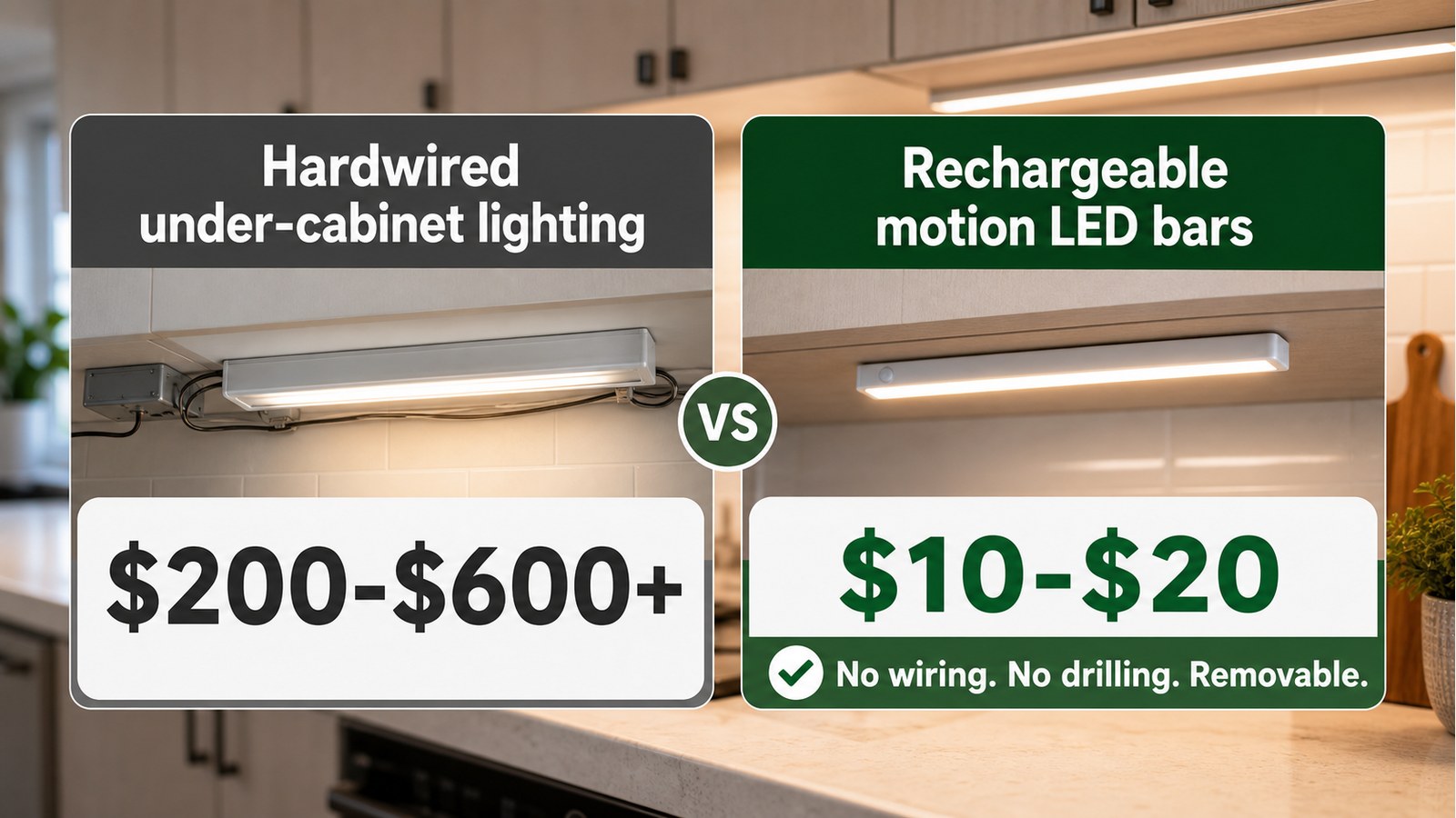 Cost comparison between hardwired under cabinet lighting and rechargeable motion LED bars