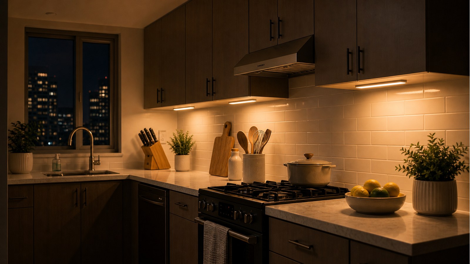 Final warm under cabinet night glow from rechargeable magnetic motion LED bar
