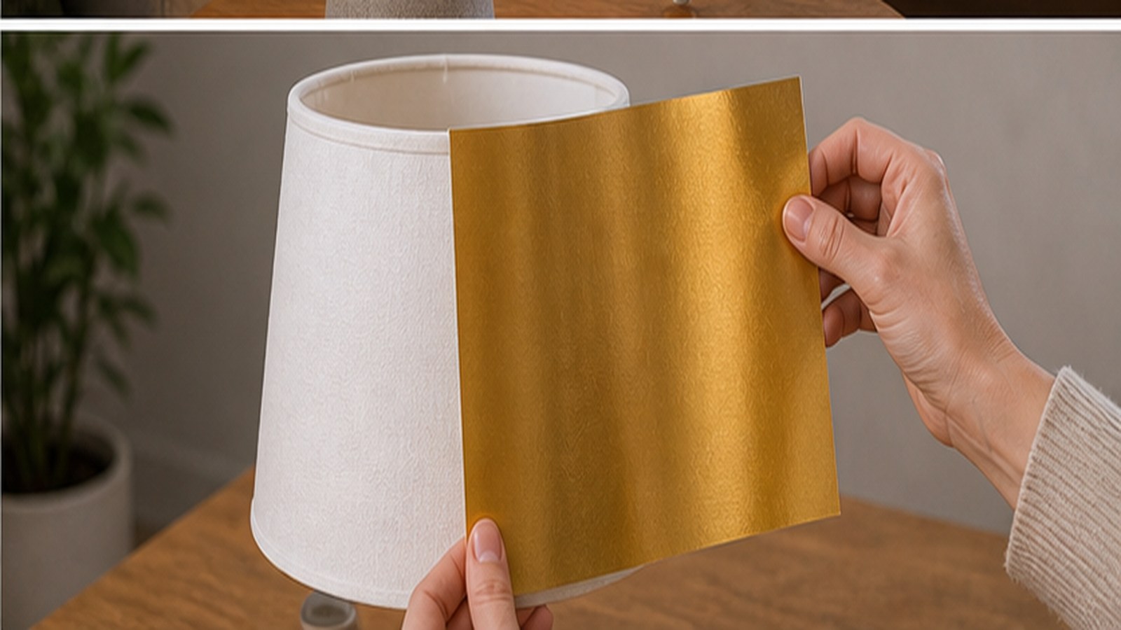 Gold peel-and-stick film applied to the outside of a lampshade