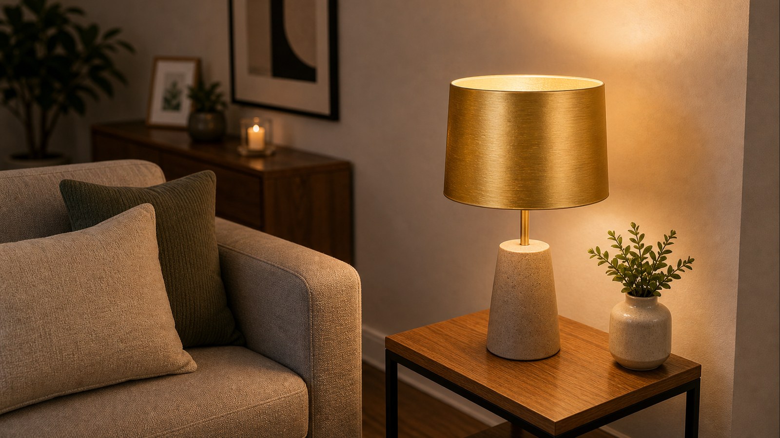 Final gold lampshade makeover with a warm low-watt LED glow