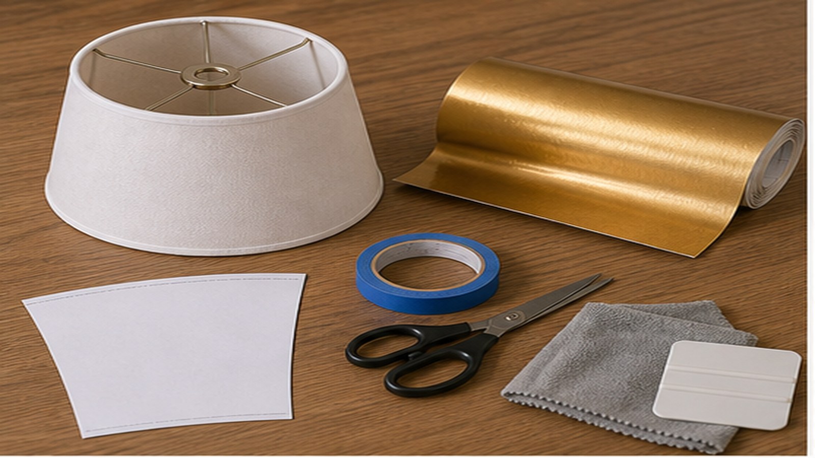 Materials for a gold peel-and-stick lampshade makeover