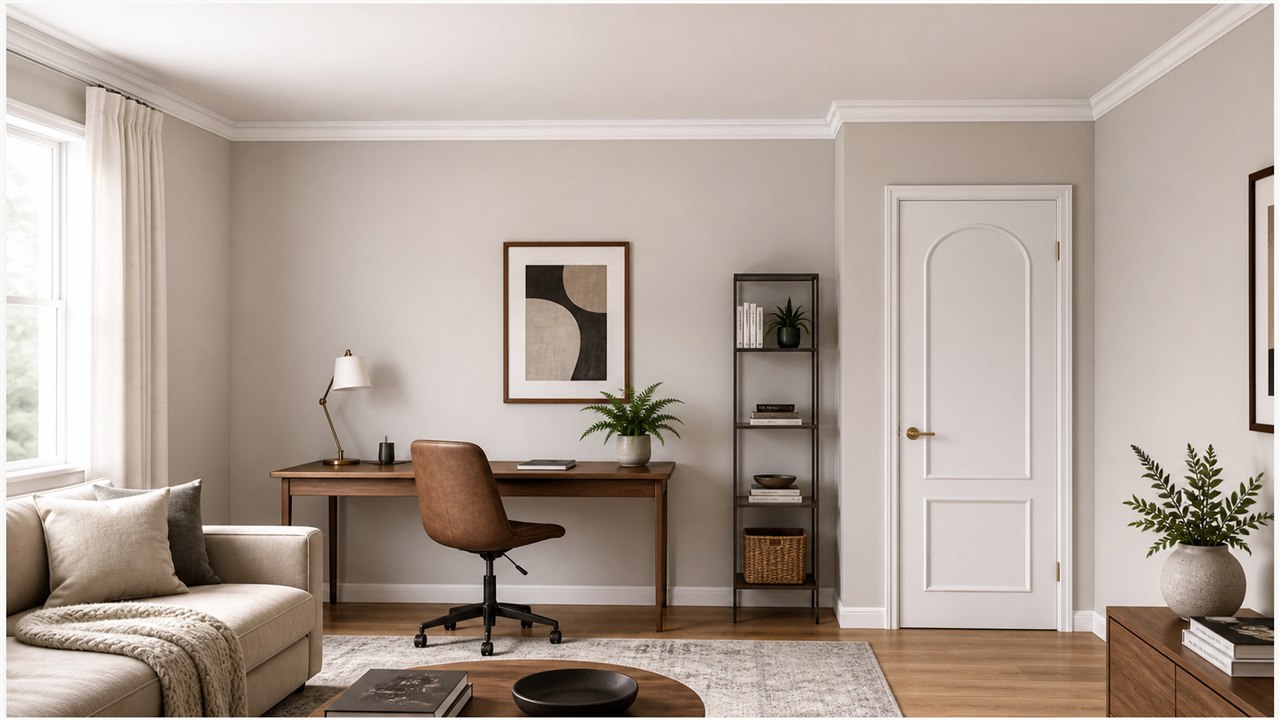 Finished room with peel-and-stick molding creating a luxury crown molding look