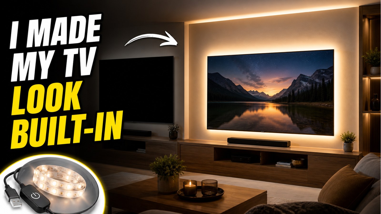 YouTube thumbnail showing a TV made to look built in with a low-profile backlight hack