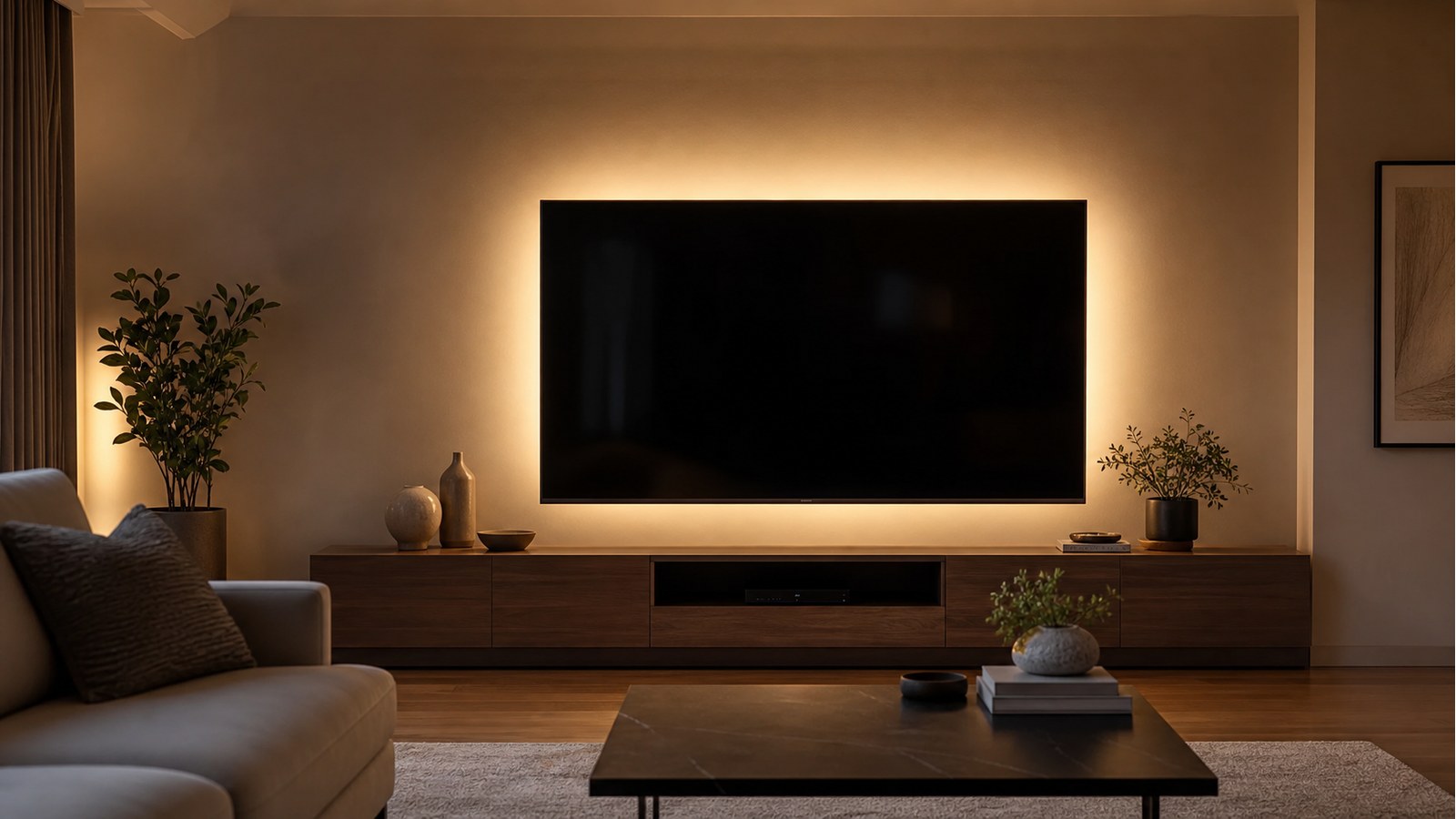 Final low-profile TV backlight glow that makes the TV look more built in