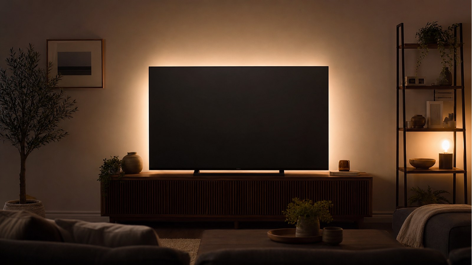Soft wall glow behind a TV created by a hidden LED backlight strip